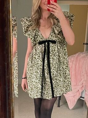 Floral Ruffle babydoll Dress with Black Bow